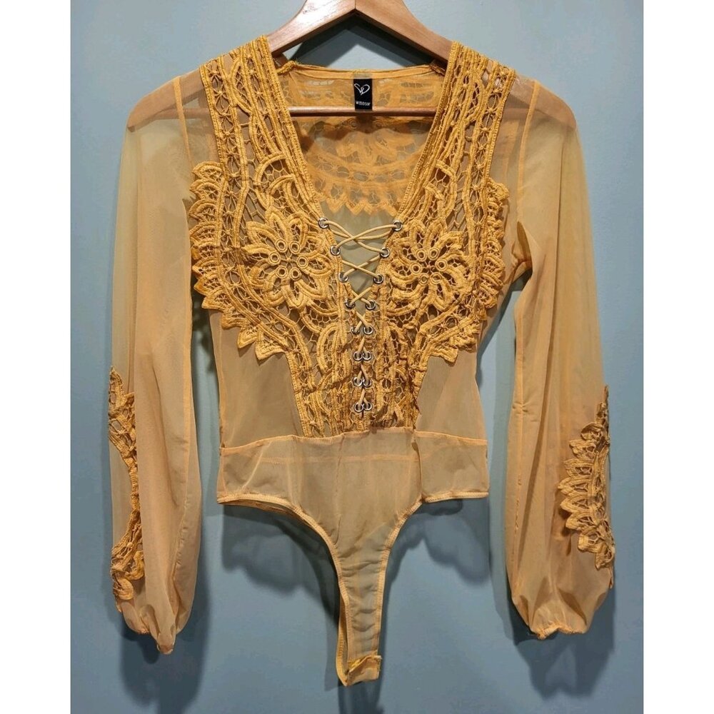 Sheer Yellow Lace Applique Long Puff Sleeve Lace Up Front Bodysuit Sz M